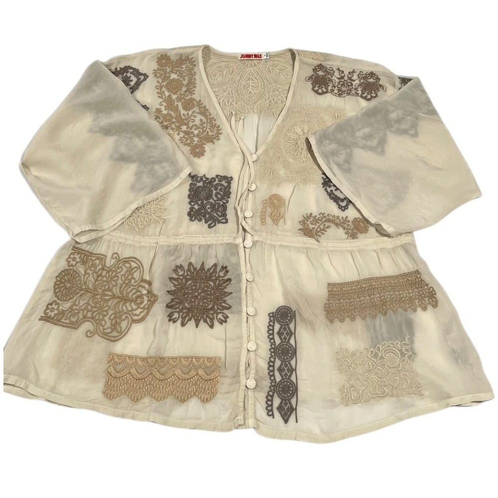 Johnny Was Button Down Lace Blouse Cream Embroidered Patchwork‎ S
